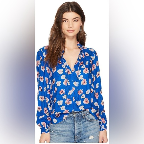 Lucky Brand Boho Blue Floral Blouse Size X-Large Long Sleeve Cold Shoulder - Picture 1 of 7